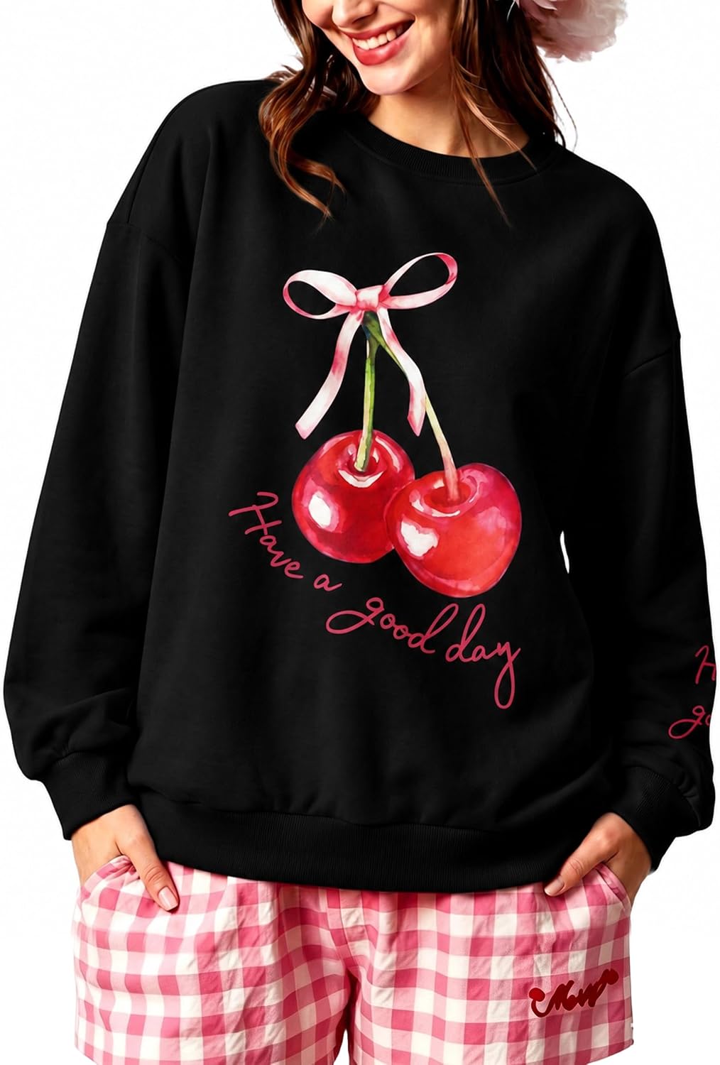 Women's Cherry Bow Graphic Sweatshirt Long Sleeve Crewneck Pullover Tops