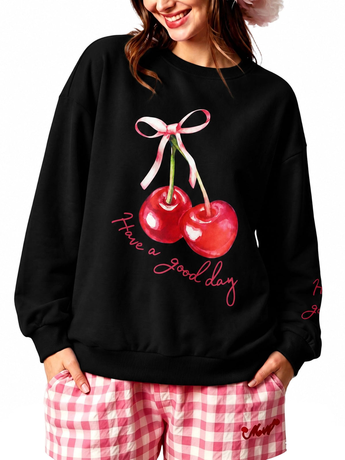 Women's Cherry Bow Graphic Sweatshirt Long Sleeve Crewneck Pullover Tops