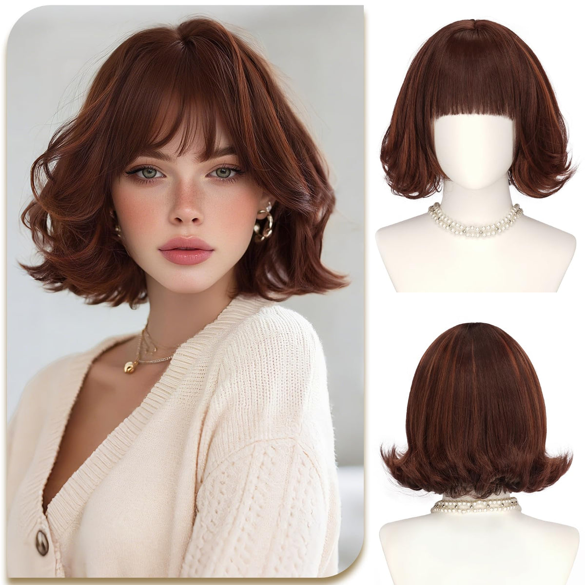 SOFEIYAN Short Wavy Violet Blue Wig - 12 Inch Dark Ginger Bob Wig with Bangs for Women Curly Shoulder Length Bob Wig with Bangs Soft Synthetic Hair Wigs for Girls Daily Party Use