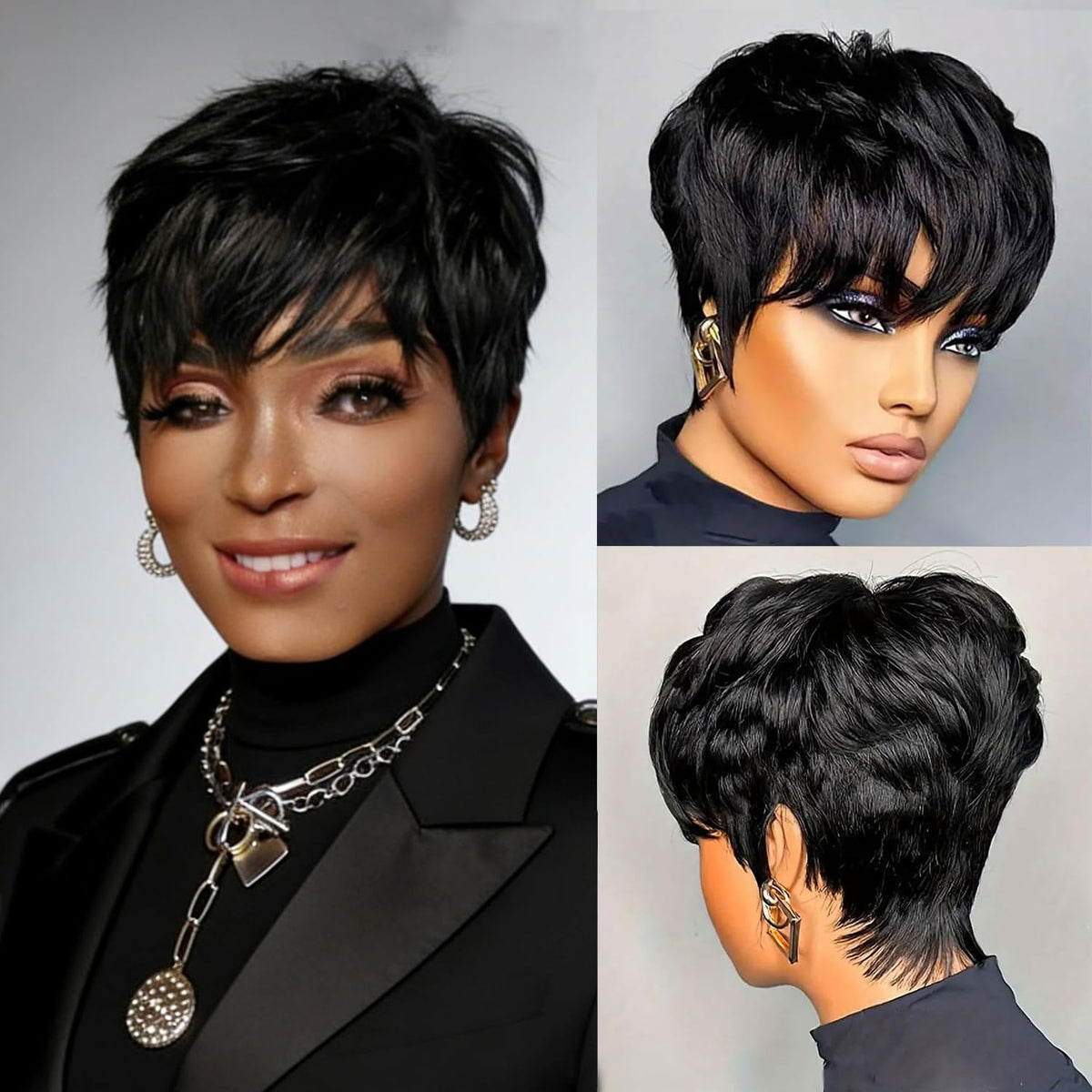 VRZ Pixie Cut Wigs for Black Women Brazilian Curly Pixie Cut Wig Human Hair Glueless Short Layered Wigs With Bangs Natural Black Color No Glue Human Hair Wig for Daily Use
