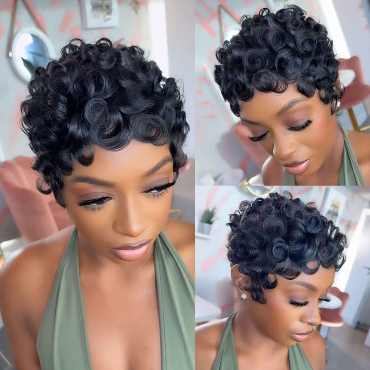 VRZ Pixie Cut Wigs for Black Women Brazilian Curly Pixie Cut Wig Human Hair Glueless Short Layered Wigs With Bangs Natural Black Color No Glue Human Hair Wig for Daily Use