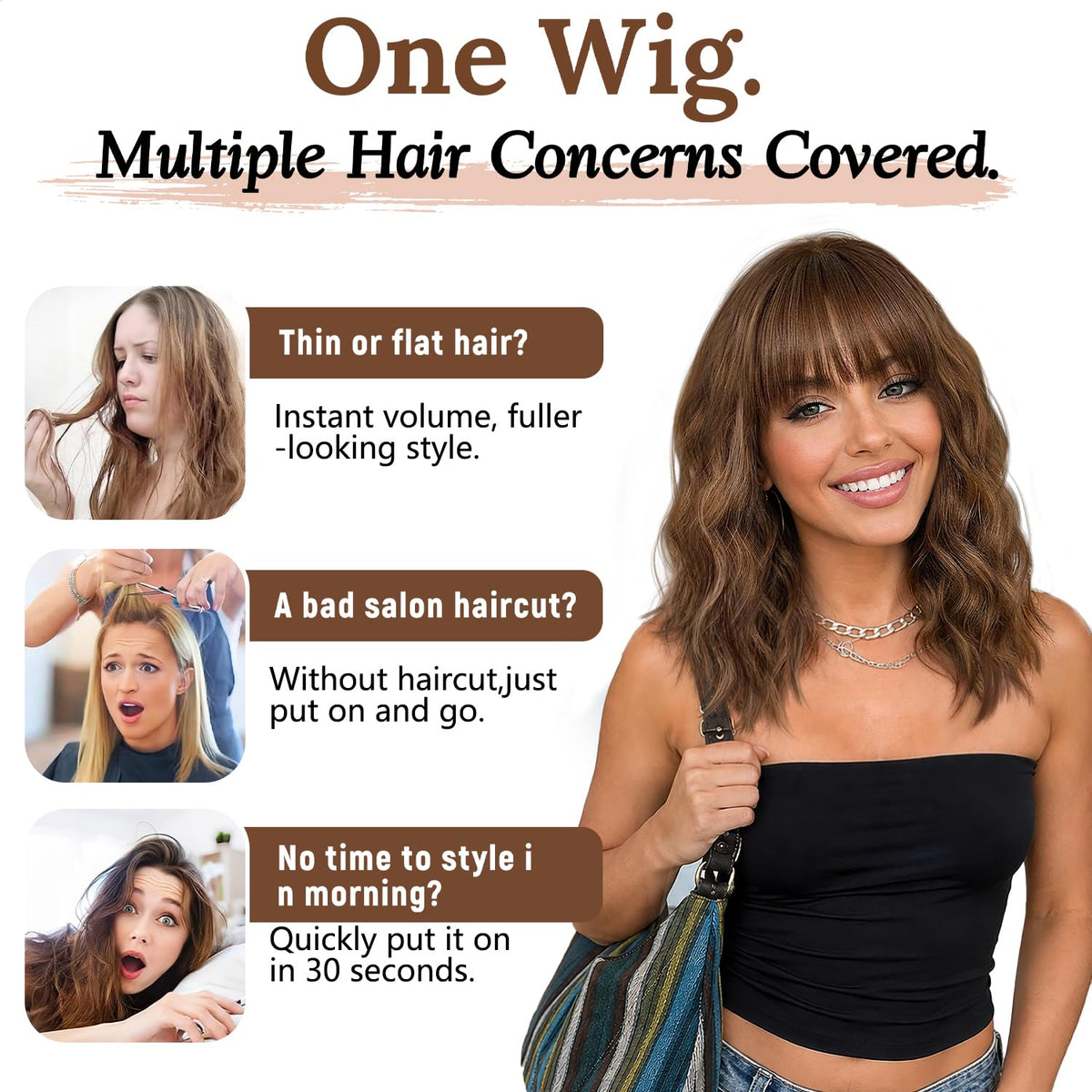 Nnzes Short Wavy Bob Wig with Bangs for Women Shoulder Length Curly Dark Brown with Purple Synthetic Heat-Resistant Fiber Hair for Daily & Party Use