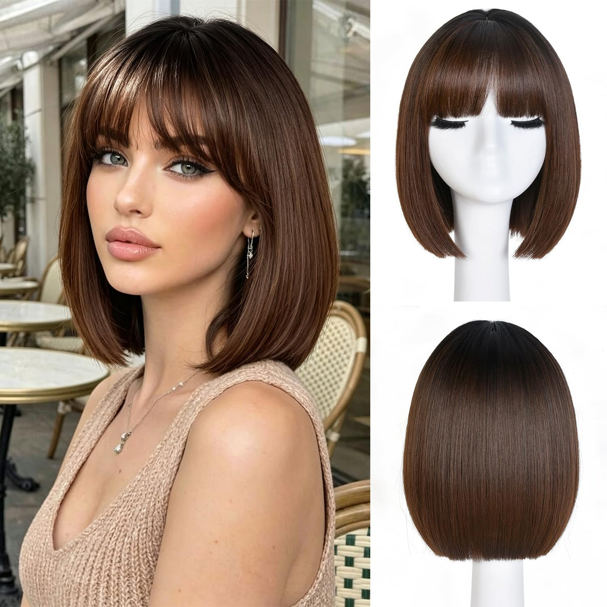 Hightlight Brown Bob Wig With Bangs Short Bob Wigs for Women Girl