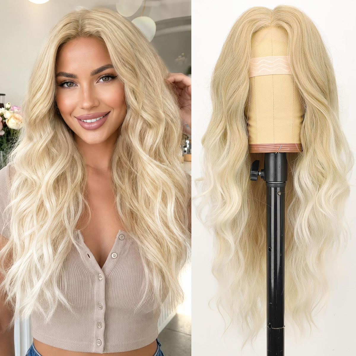 AISI HAIR Black Wig for Women, Long Wavy Lace Hairline Synthetic Wig 26Inch