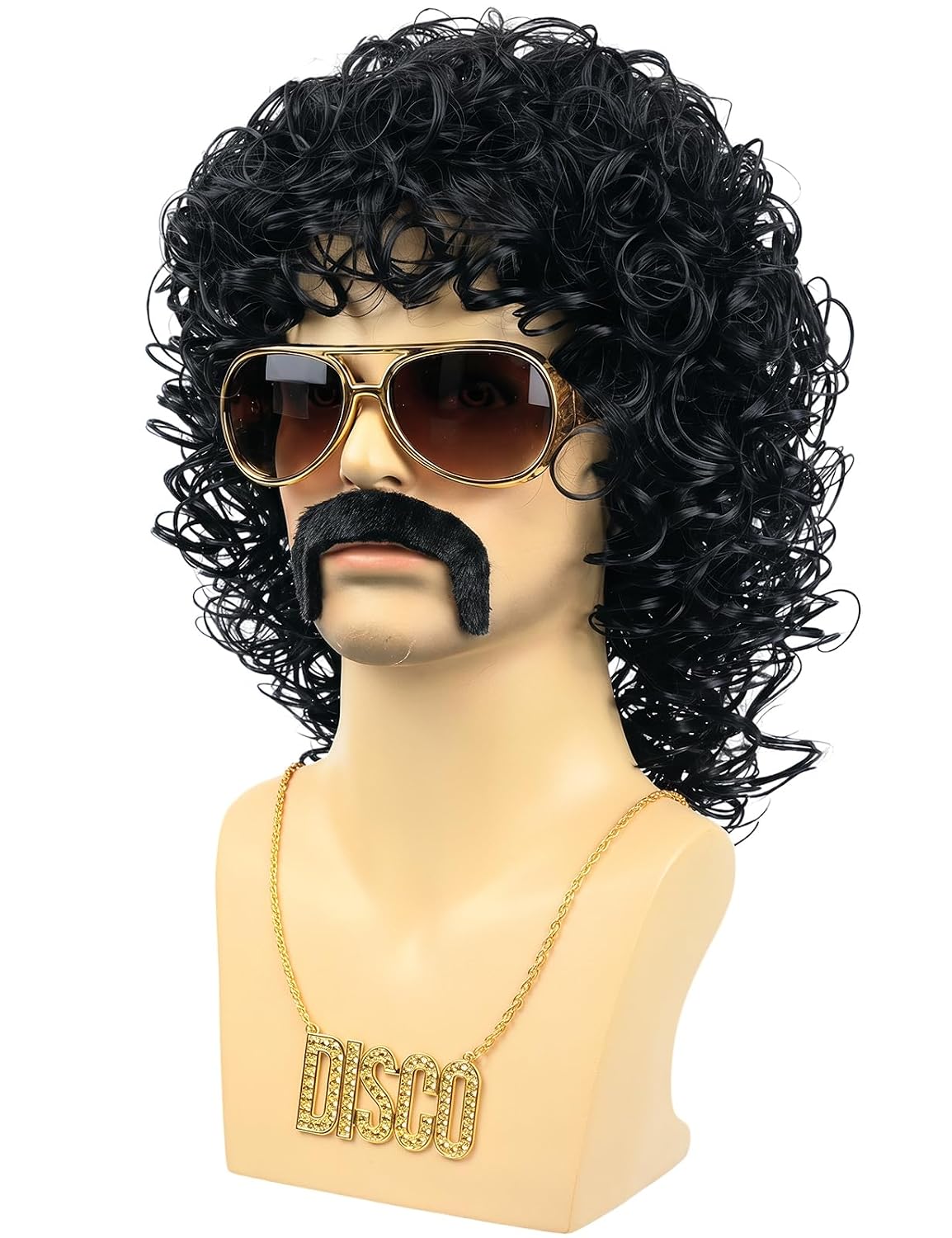 70s Disco Black Jerry Curl Wig with Glasses Mustache Necklace for Men
