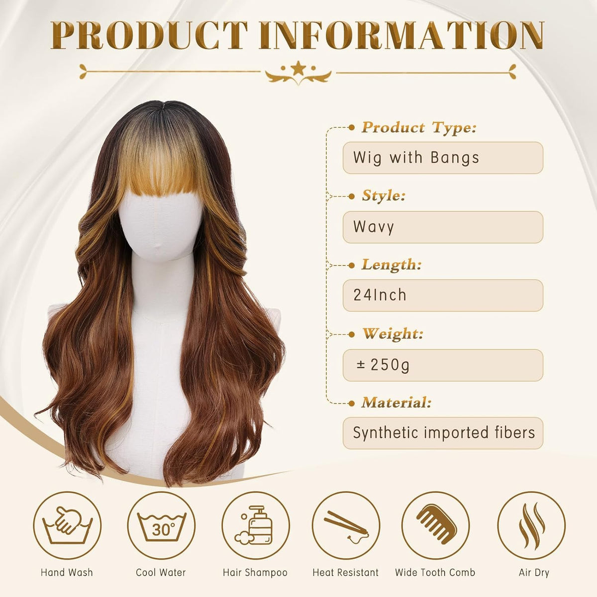 Rooted Honey Wig with Bangs for Women 24 Inch Long Wavy Synthetic Hair