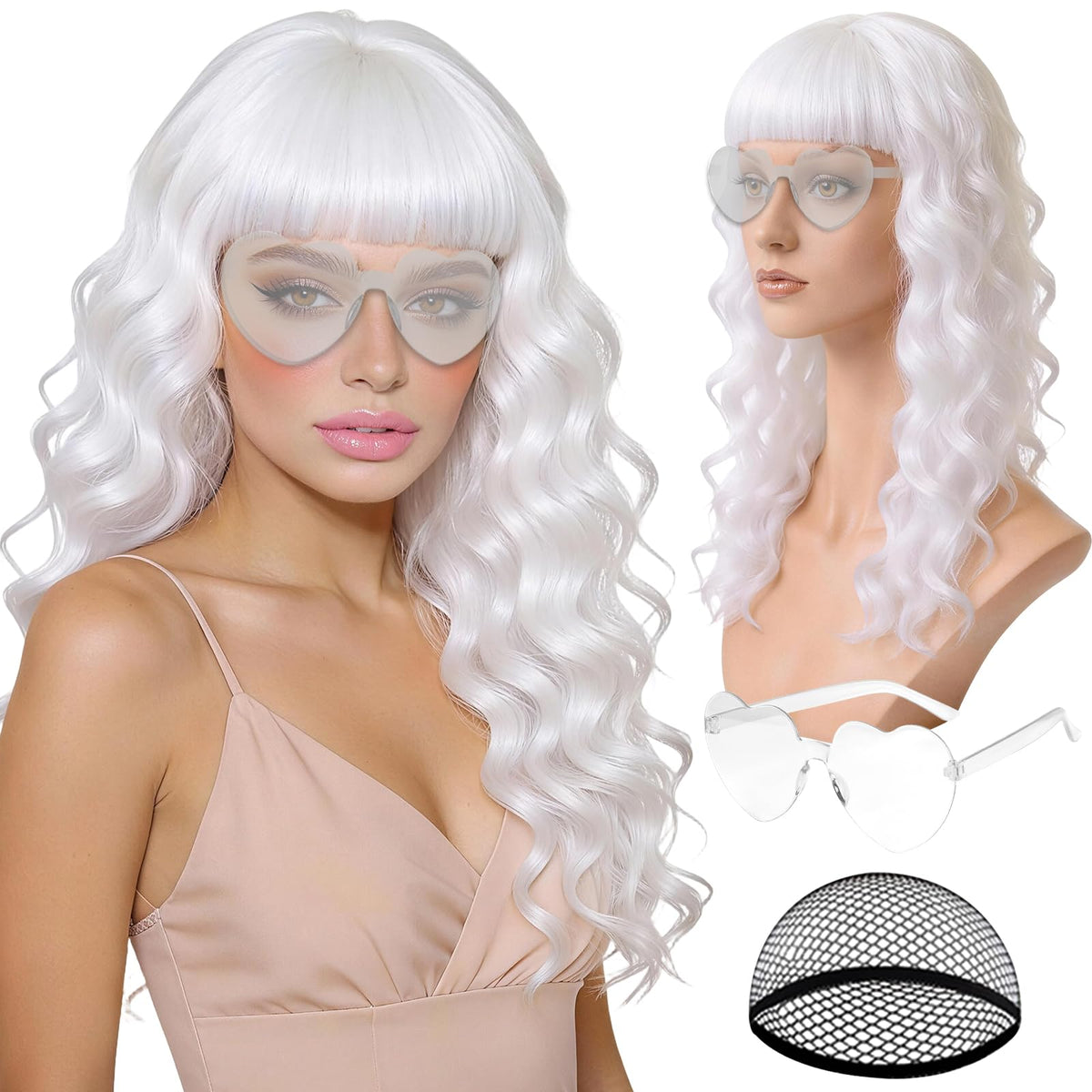Purple Wig for Women Long Wavy Hair with Heart Sunglasses, Colorful Curly Wigs with Bangs for Birthday Nightclubs Music Festival Photography Funny Bachelorette Mardi Gras Party Supplies