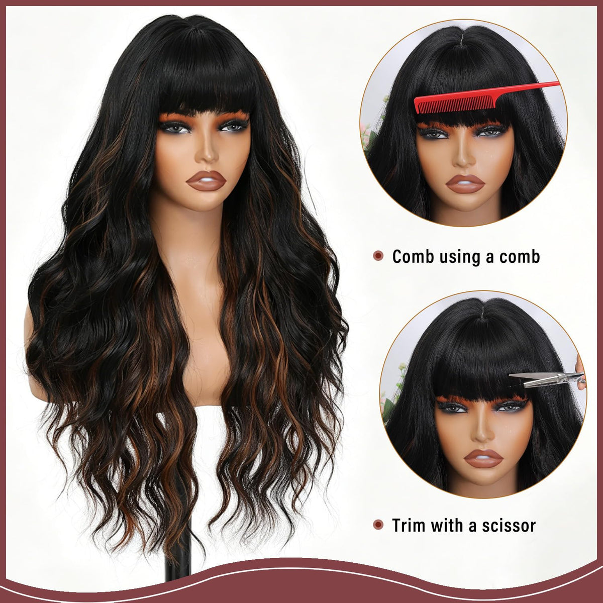 Burgundy Wig with Bangs for Women, Long Wavy Red Wig 26 Inch Wigs Heat Resistant Sythetic Wig for Daily Party Use