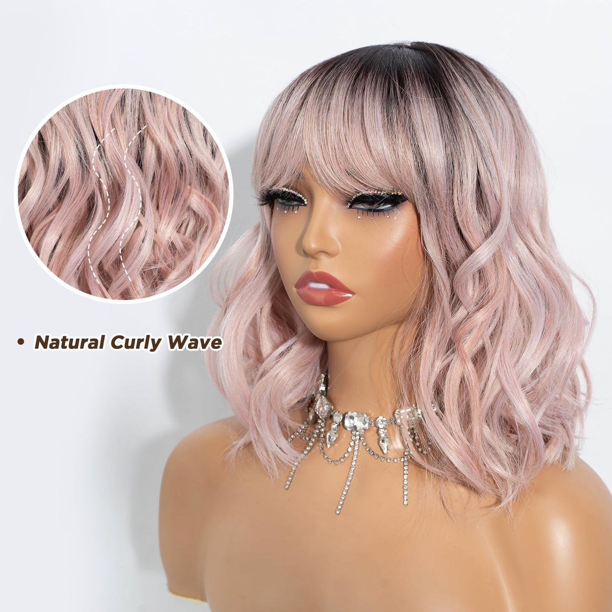 NOBLE Blue Wig with Bangs 12 Inches Short Bob Curly Wig Blue Wigs for Women Colorful Wavy Bob Wigs with Air Bangs Heat Resistant Synthetic Silver Blue Halloween Wigs for Cosplay Party