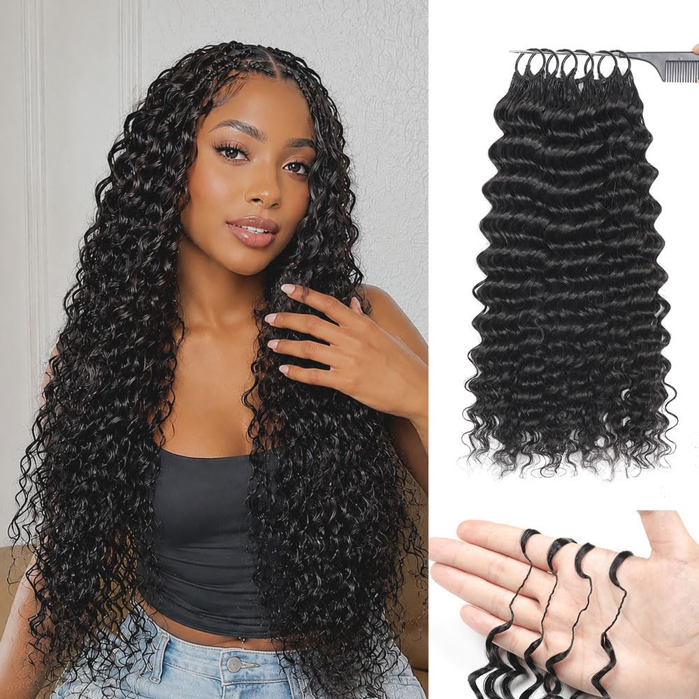 Crochet Human Hair for Black Women, Miracle Deep Wave Mini Knots Feather Crochet Human Hair Extensions 18 Inch 150g 120 Strands, Pre-Separated Invisible Knotless Remy Bundles Natural Black