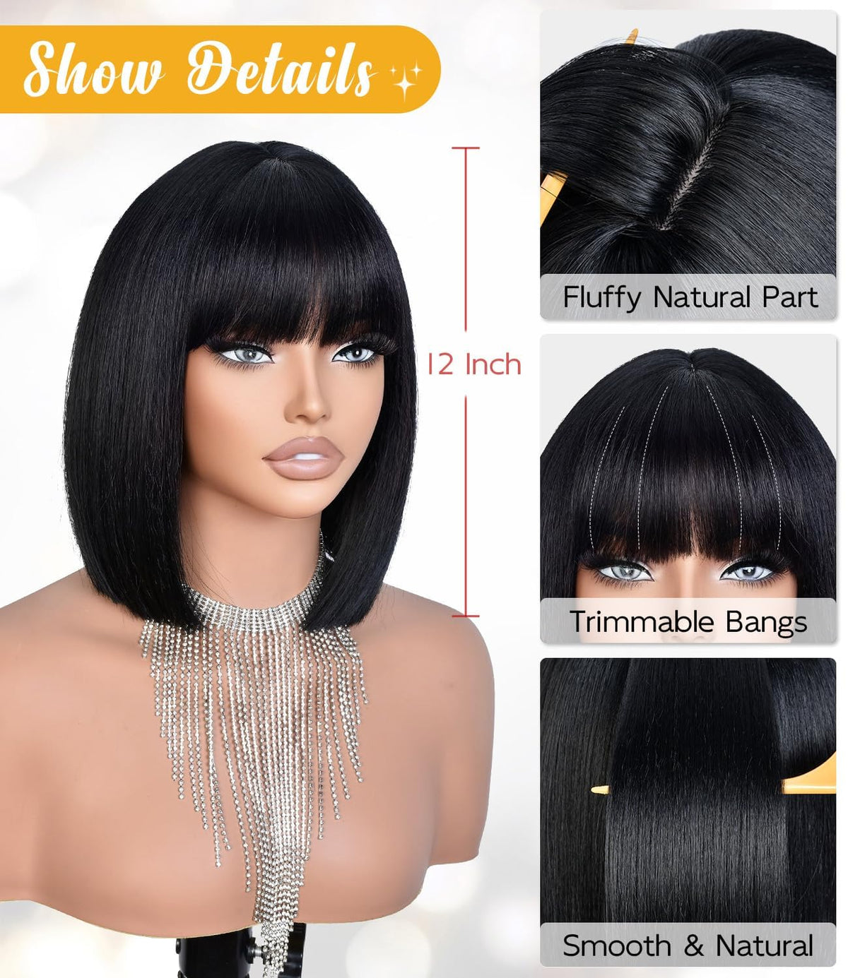 Bob Wig with Bangs for Women Short Straight Bob Wigs for Women 12inch