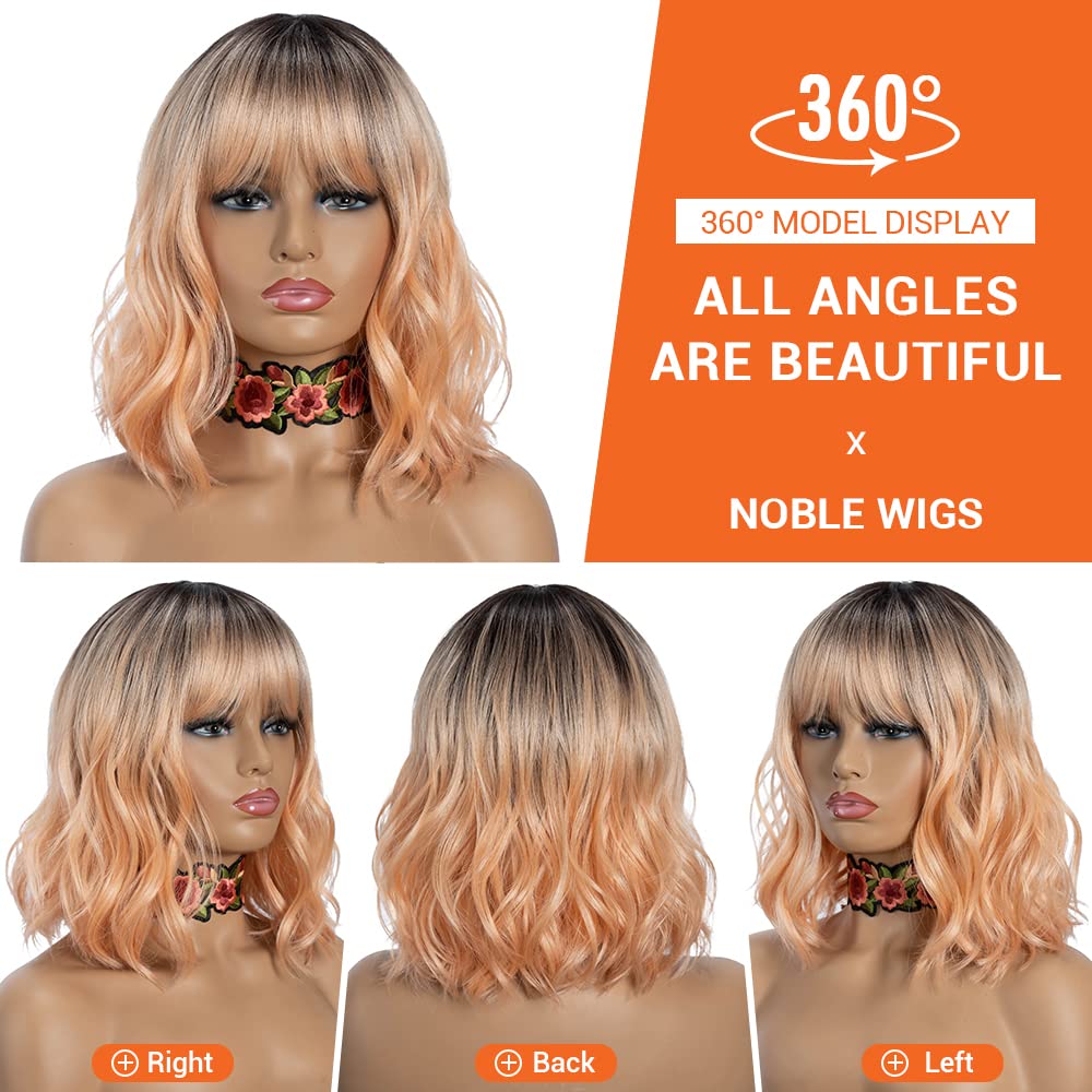 NOBLE Blue Wig with Bangs 12 Inches Short Bob Curly Wig Blue Wigs for Women Colorful Wavy Bob Wigs with Air Bangs Heat Resistant Synthetic Silver Blue Halloween Wigs for Cosplay Party