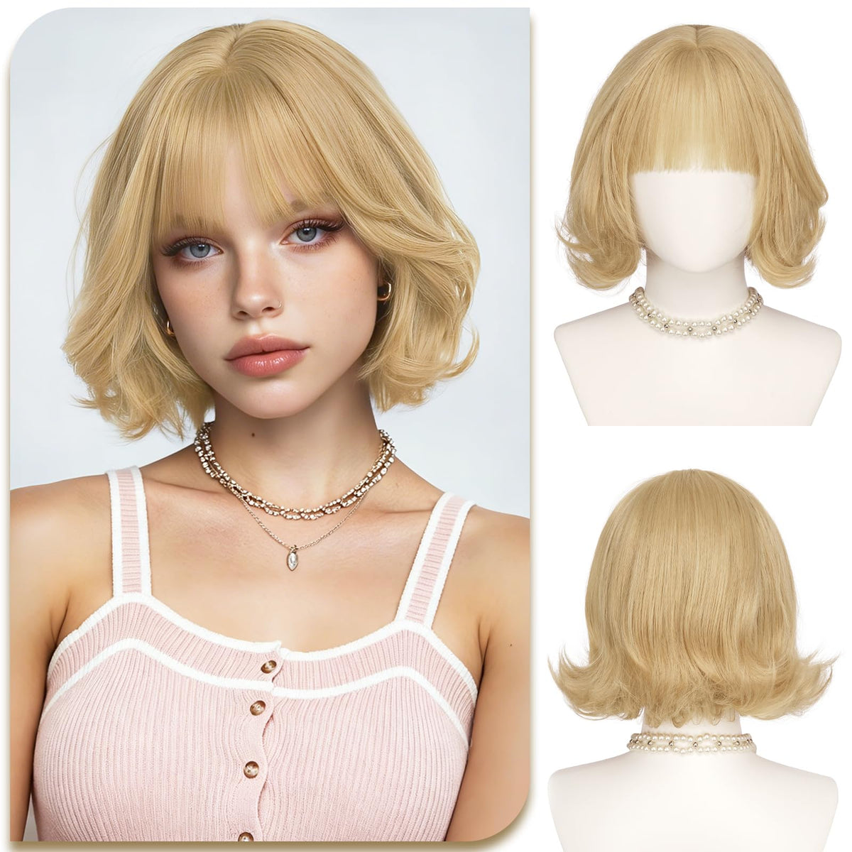 SOFEIYAN Short Wavy Violet Blue Wig - 12 Inch Dark Ginger Bob Wig with Bangs for Women Curly Shoulder Length Bob Wig with Bangs Soft Synthetic Hair Wigs for Girls Daily Party Use