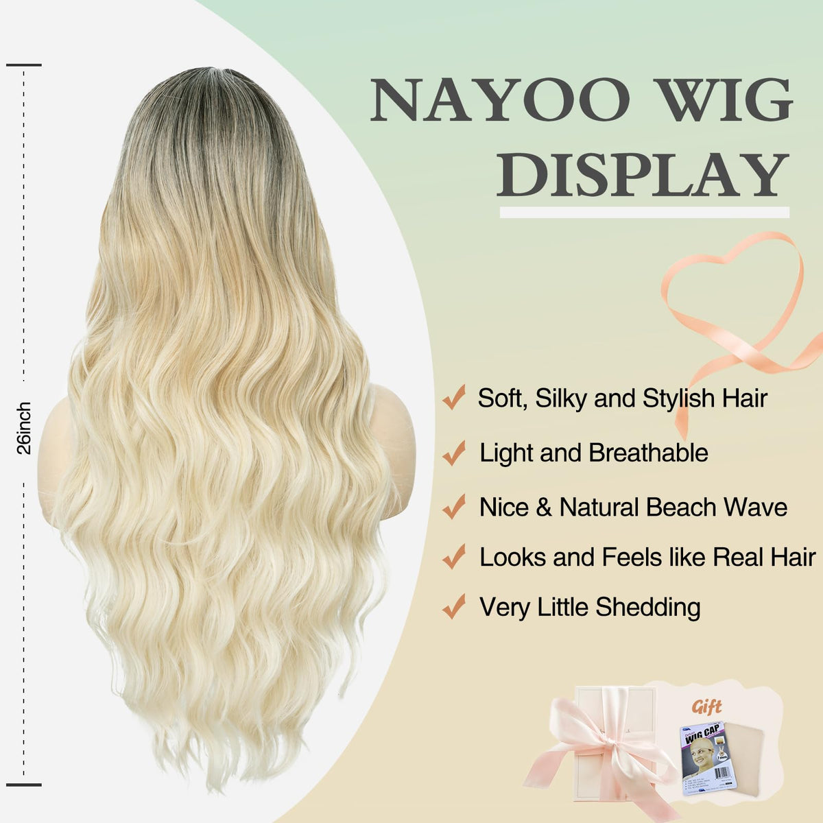 NAYOO 26 Inch Long Wavy Black Wig for Women, Middle Part Natural Looking Synthetic Wig, Heat Resistant Fiber Soft & Lightweight, Realistic Scalp Long Curly Wig for Daily Wear Party Cosplay