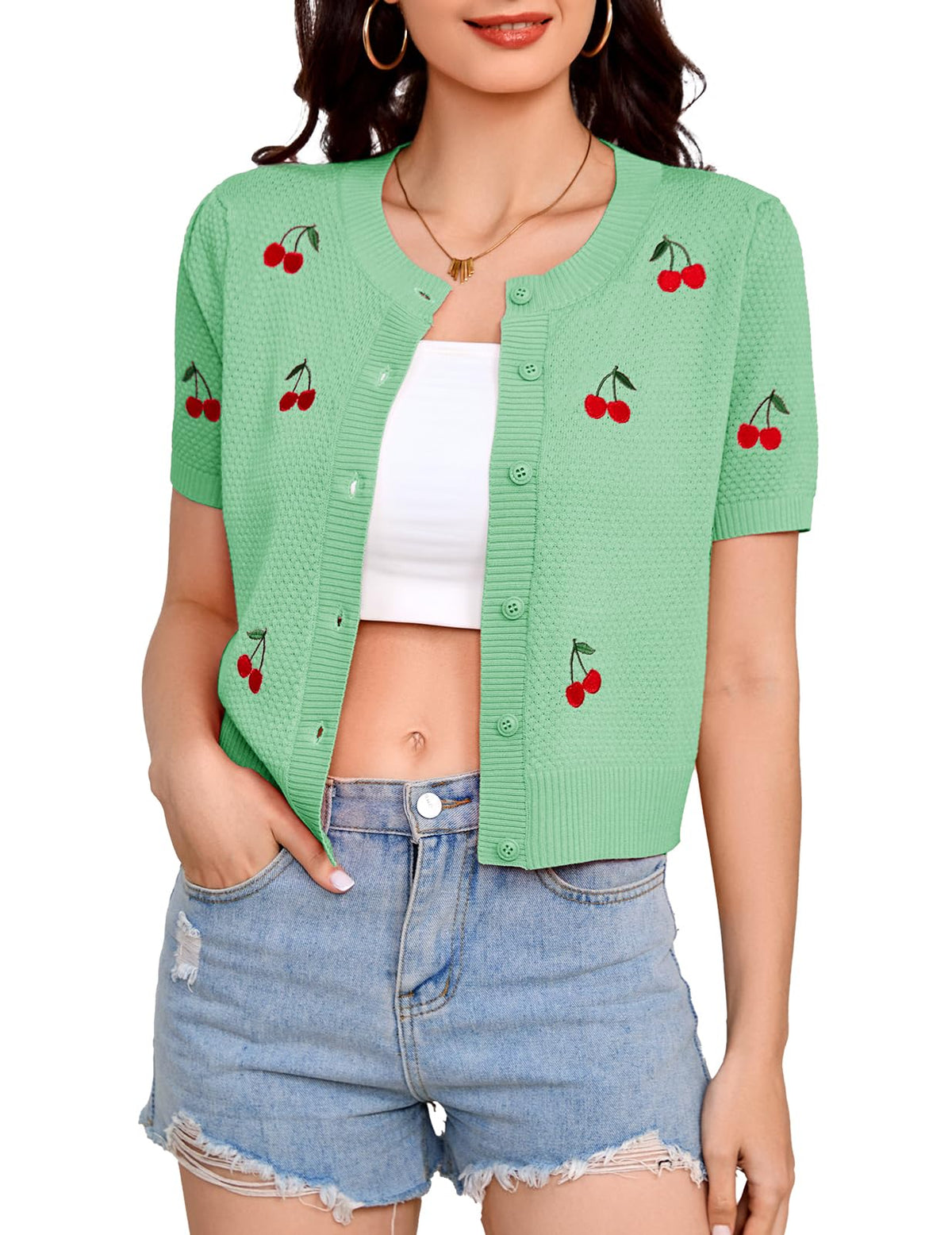 Bbonlinedress Women Cherry Short Sleeve Cardigan Tops Vintage Sweater Shirt