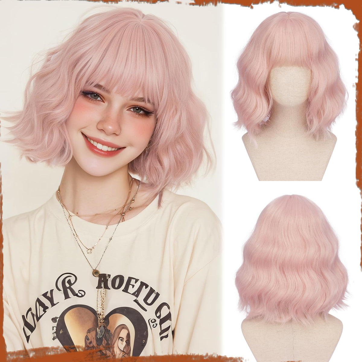 SOFEIYAN Short Wavy Violet Blue Wig - 12 Inch Dark Ginger Bob Wig with Bangs for Women Curly Shoulder Length Bob Wig with Bangs Soft Synthetic Hair Wigs for Girls Daily Party Use