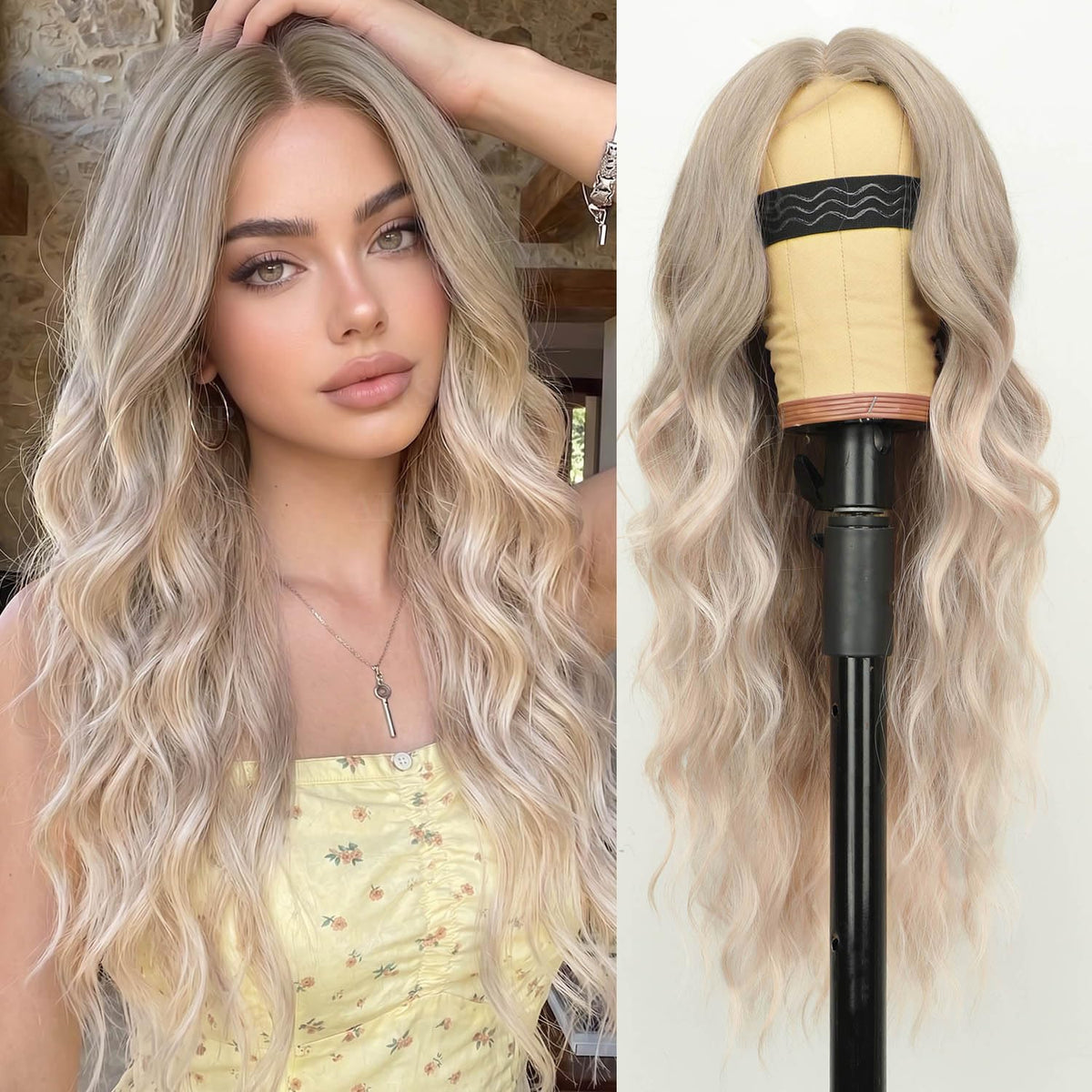 AISI HAIR Black Wig for Women, Long Wavy Lace Hairline Synthetic Wig 26Inch