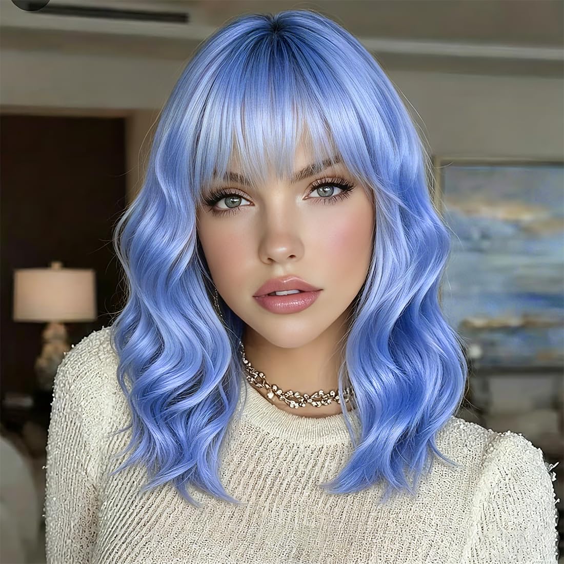 Sweetie Royal Blue Bob Wig Bangs – Wavy Synthetic Shoulder Length