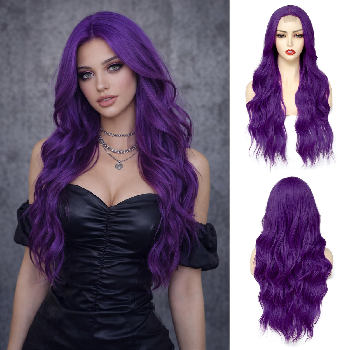 NAYOO 26 Inch Long Wavy Black Wig for Women, Middle Part Natural Looking Synthetic Wig, Heat Resistant Fiber Soft & Lightweight, Realistic Scalp Long Curly Wig for Daily Wear Party Cosplay