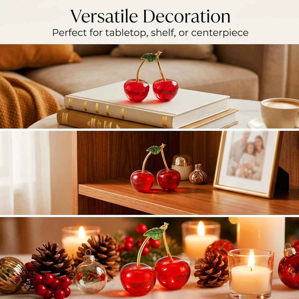 Anxingo Red Crystal Cherry Decor, Glass Fruit Ornament, 3.36 x 3.07 in