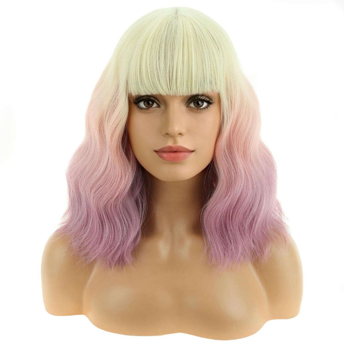 BERON 14 Inches Pink Wig for Women Girls Short Curly Synthetic Wig with Bangs Lovely Pink
