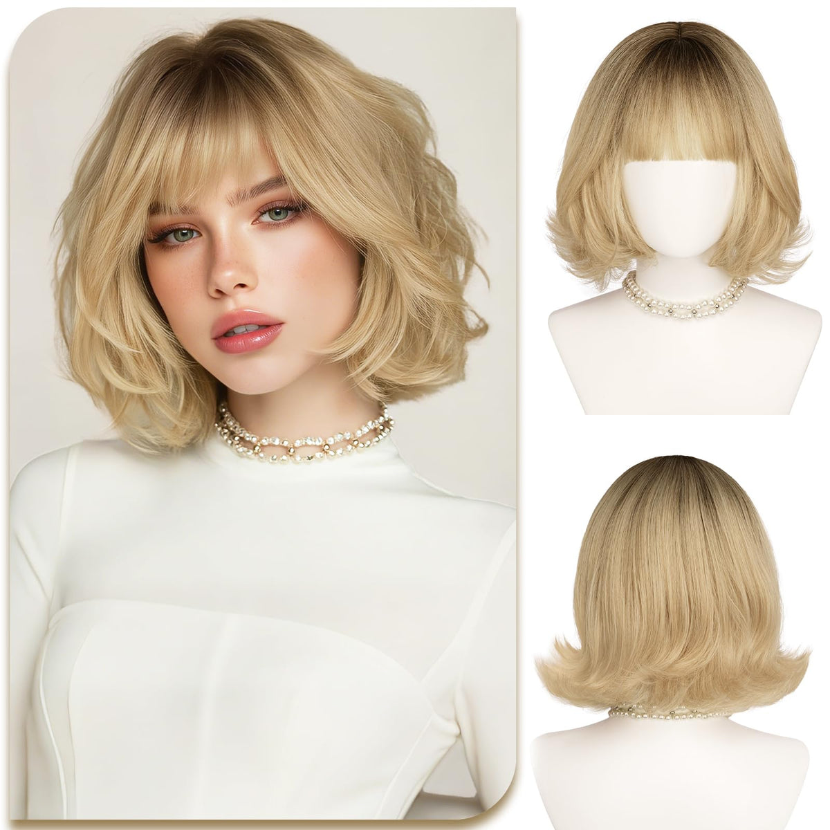 SOFEIYAN Short Wavy Violet Blue Wig - 12 Inch Dark Ginger Bob Wig with Bangs for Women Curly Shoulder Length Bob Wig with Bangs Soft Synthetic Hair Wigs for Girls Daily Party Use
