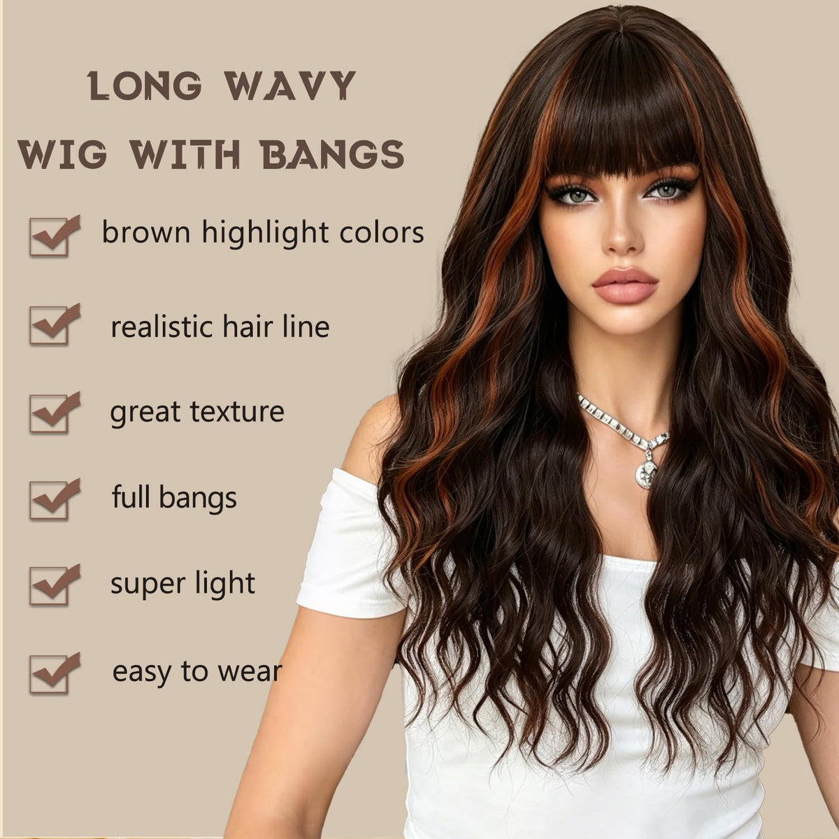 Burgundy Wig with Bangs for Women, Long Wavy Red Wig 26 Inch Wigs Heat Resistant Sythetic Wig for Daily Party Use