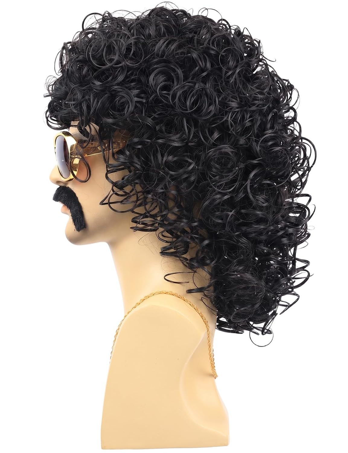 70s Disco Black Jerry Curl Wig with Glasses Mustache Necklace for Men