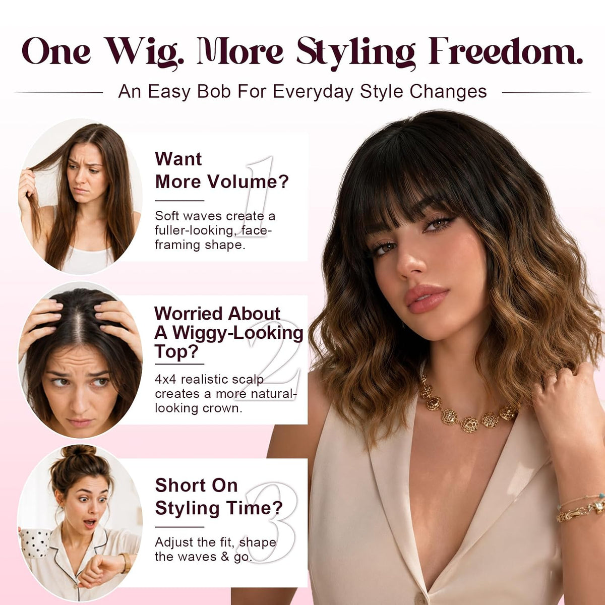 NOSTALGIA Wigs for Women, Short Wavy Bob Wig with Bangs, Trimmable Bangs, Shoulder Length, Black To Brown Heat Resistant Synthetic Wig for Daily Party Use, 14 Inch