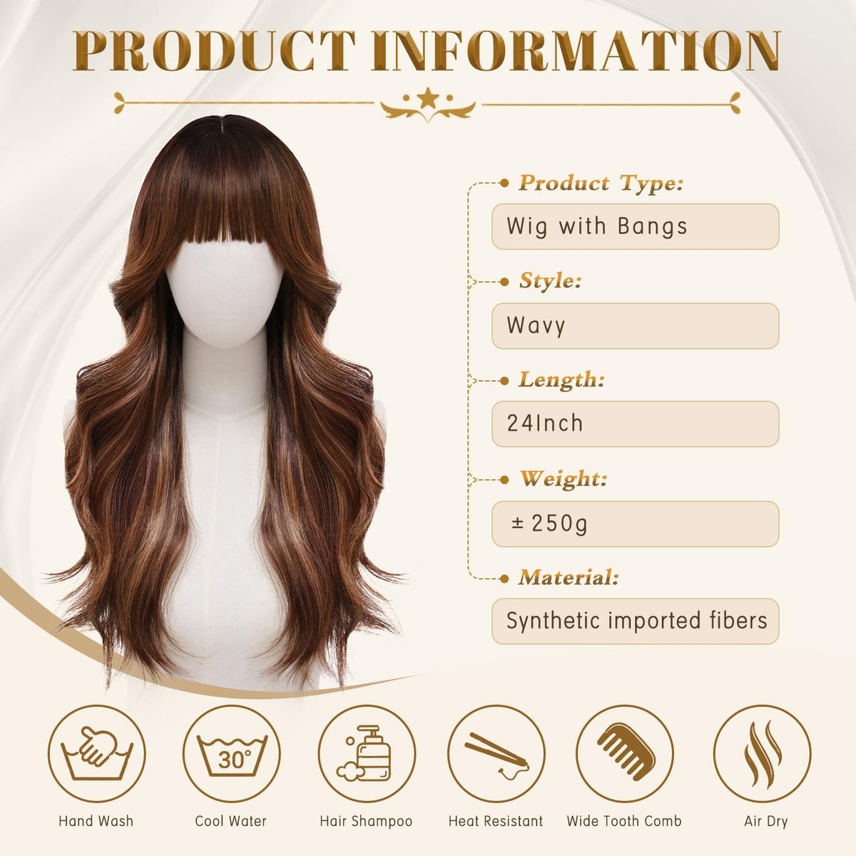 Rooted Honey Wig with Bangs for Women 24 Inch Long Wavy Synthetic Hair