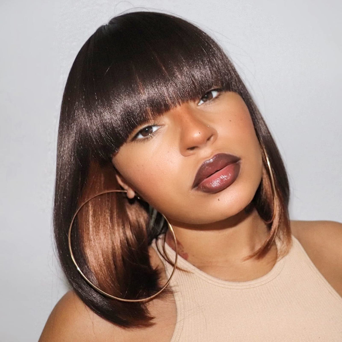 ToyoTress Bob Wig With Bangs - 12 Inch Peek-a-boo Color Short Bob Wig For Black Women Black Mix Brown Daily Costume Wigs, Light Yaki Straight Synthetic Hair Wigs Heat Resistant (12 Inch, SH30-612H)
