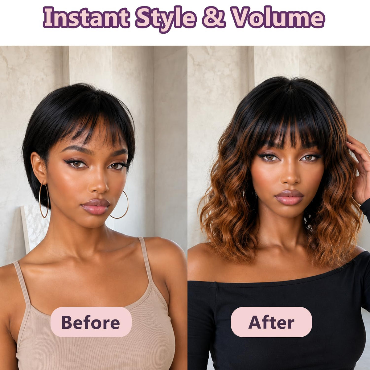 Short Wavy Wig with Bangs Black Mixed Brown Bob Curly Wigs for Women 14inch