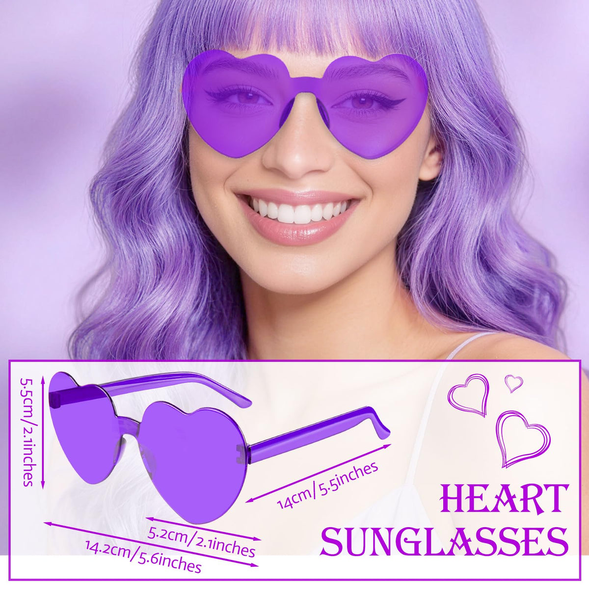 Purple Wig for Women Long Wavy Hair with Heart Sunglasses, Colorful Curly Wigs with Bangs for Birthday Nightclubs Music Festival Photography Funny Bachelorette Mardi Gras Party Supplies