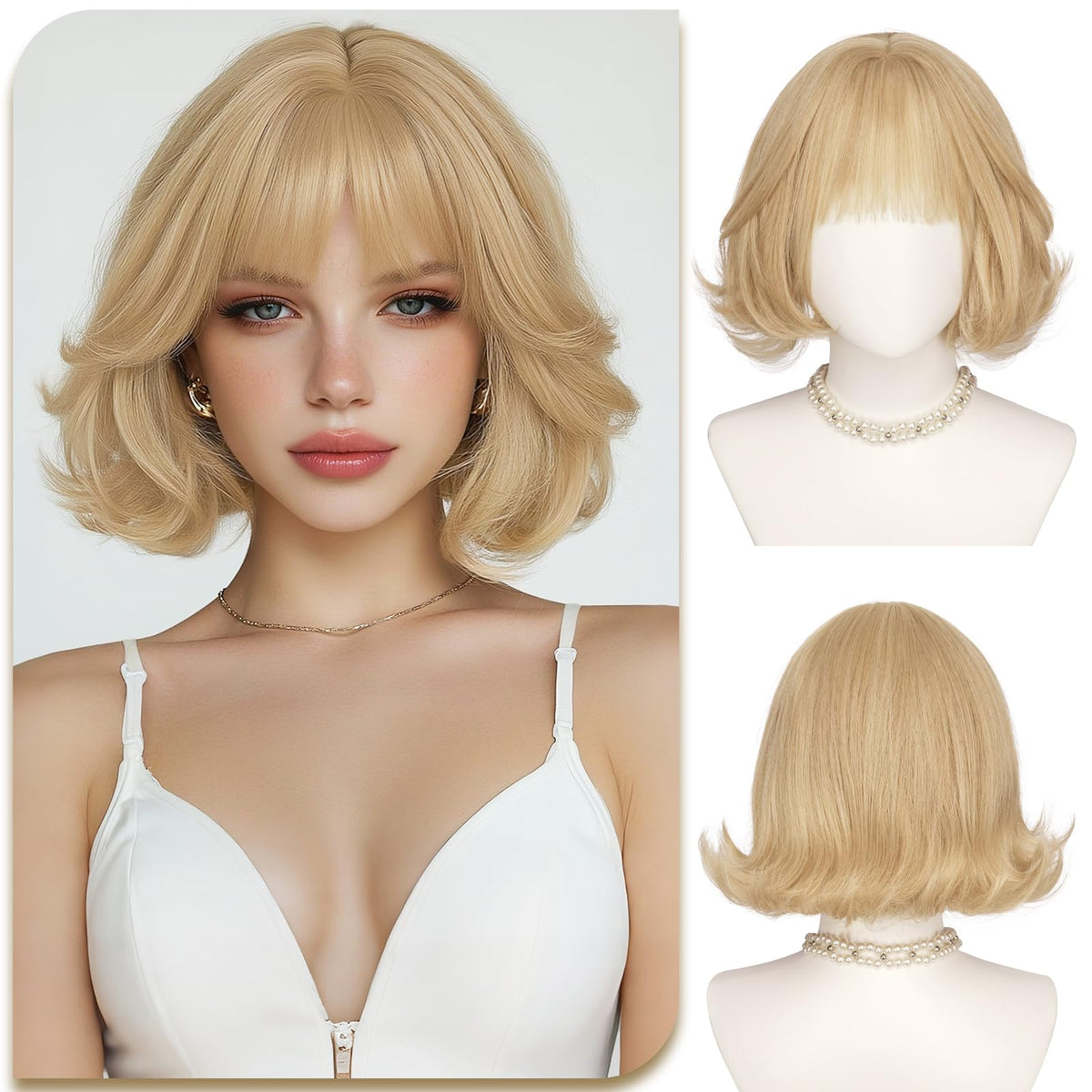 SOFEIYAN Short Wavy Violet Blue Wig - 12 Inch Dark Ginger Bob Wig with Bangs for Women Curly Shoulder Length Bob Wig with Bangs Soft Synthetic Hair Wigs for Girls Daily Party Use