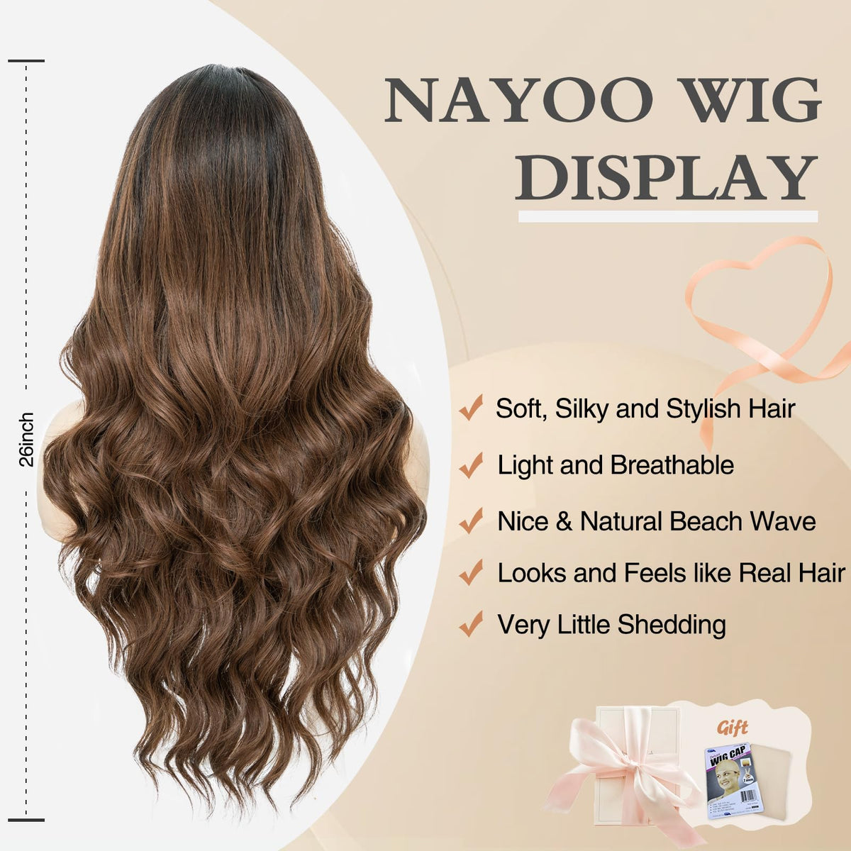 NAYOO 26 Inch Long Wavy Black Wig for Women, Middle Part Natural Looking Synthetic Wig, Heat Resistant Fiber Soft & Lightweight, Realistic Scalp Long Curly Wig for Daily Wear Party Cosplay