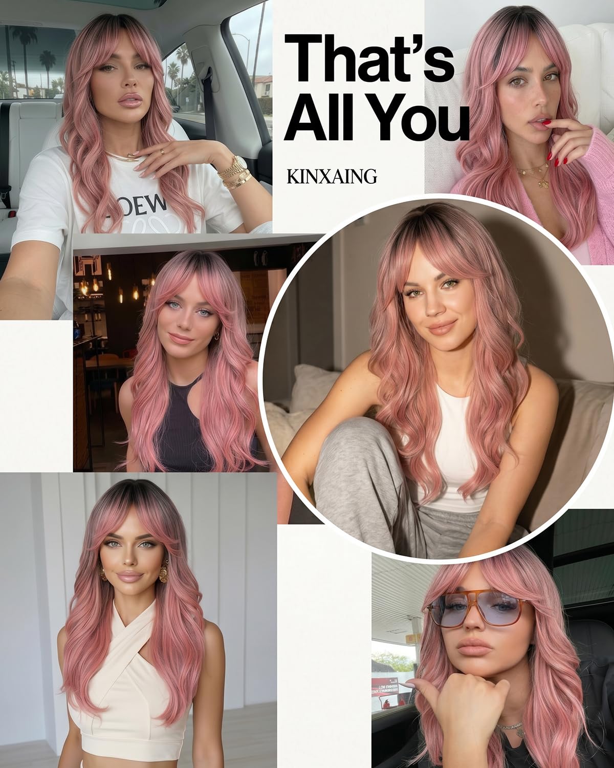 Ombre Pink Wavy Wig with Curtain Bangs 26 Inch – Long Layered Synthetic Hair Wig for Women, Natural Looking Dark Root Heat Resistant Wig, Soft Thick Full Wig for Daily Wear Party Cosplay