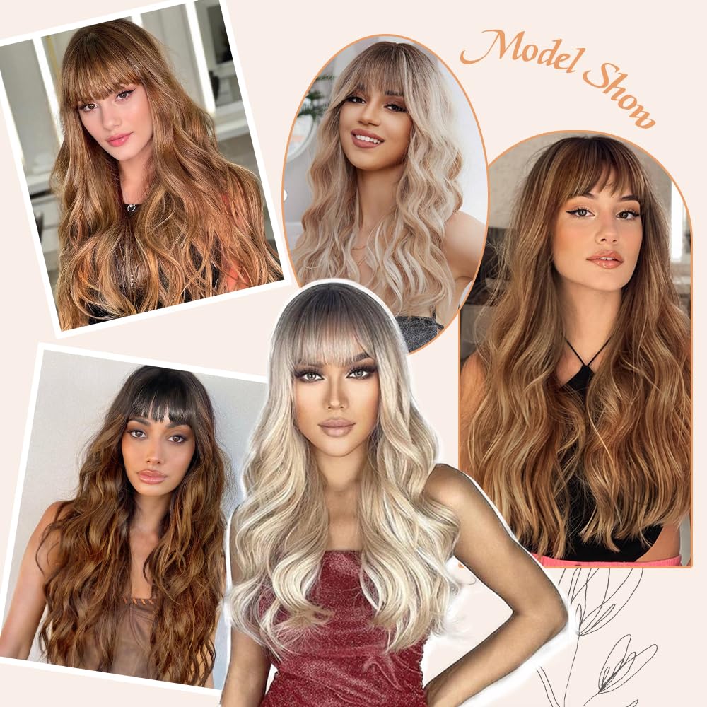 Black Wig with Bangs Long curly wavy Wigs for Women26In Synthetic Black Wig