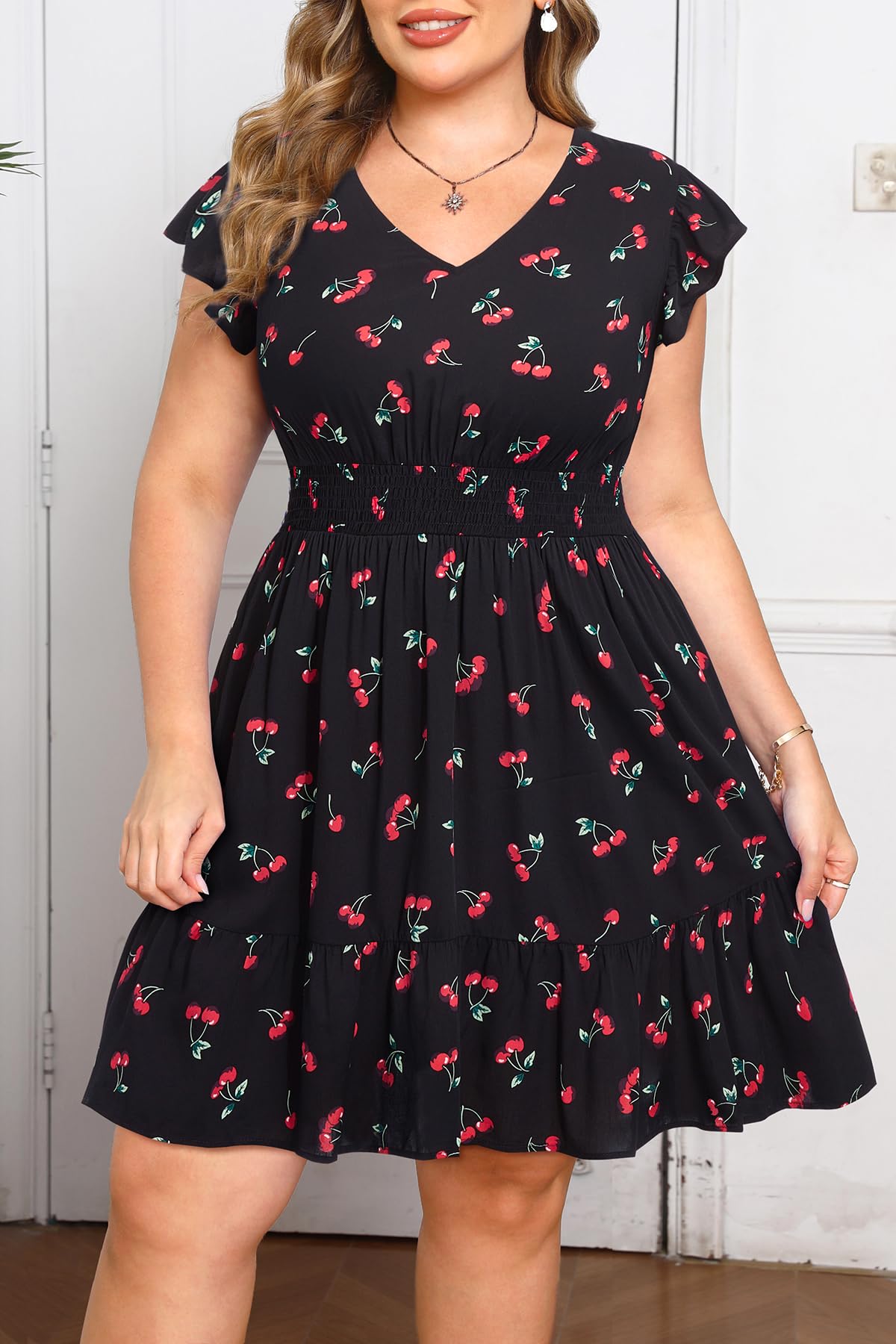 Talisea Womens Plus Size V Neck Ruffle Sleeve Flowy Summer Dress