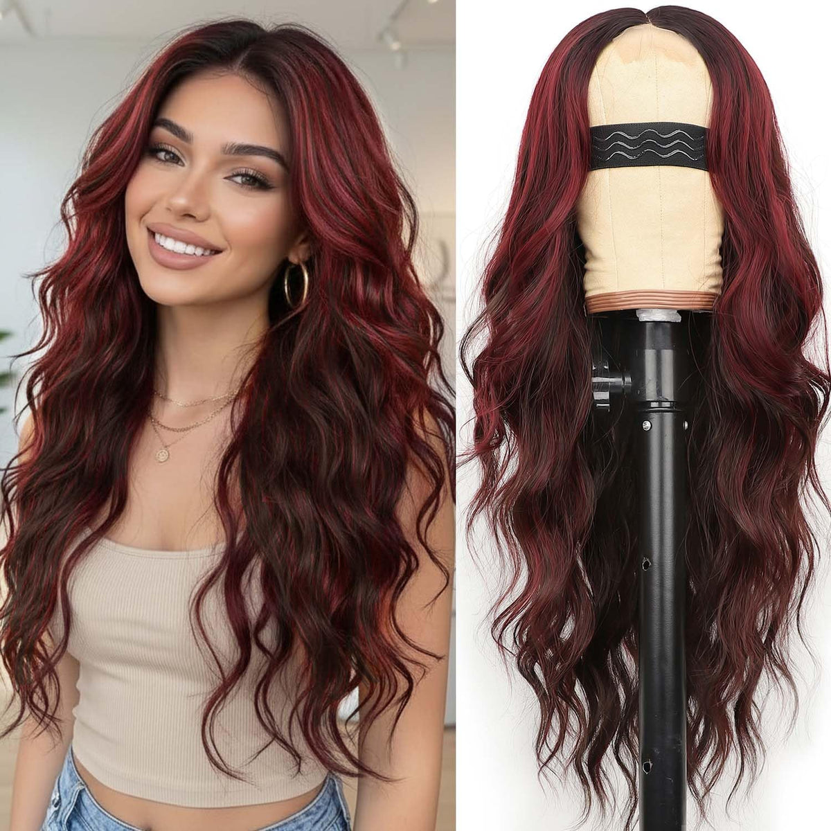 AISI HAIR Black Wig for Women, Long Wavy Lace Hairline Synthetic Wig 26Inch
