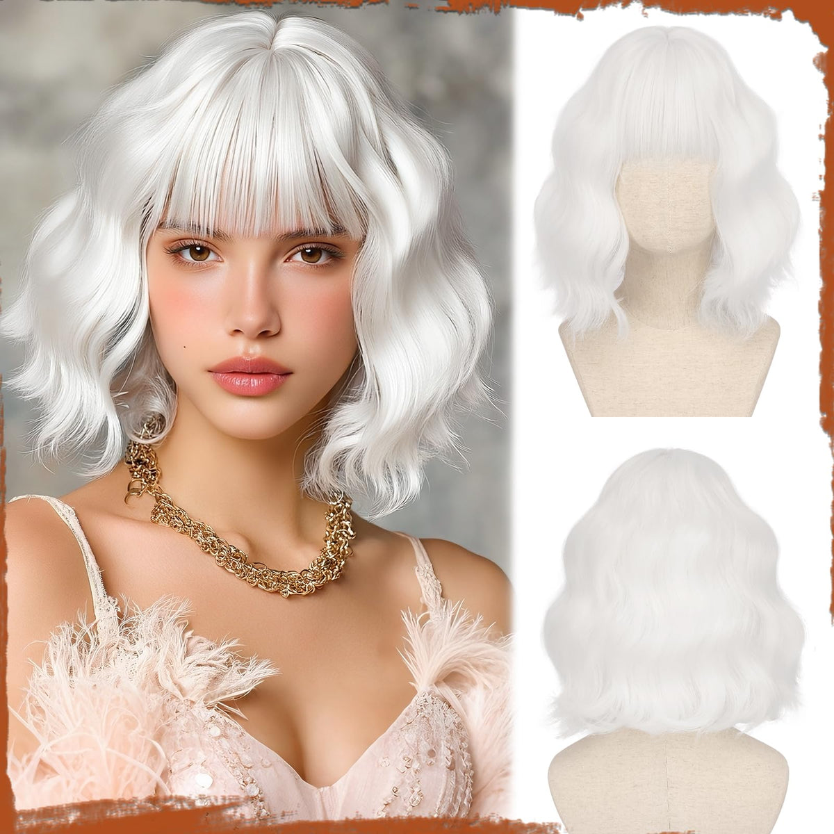 SOFEIYAN Short Wavy Violet Blue Wig - 12 Inch Dark Ginger Bob Wig with Bangs for Women Curly Shoulder Length Bob Wig with Bangs Soft Synthetic Hair Wigs for Girls Daily Party Use