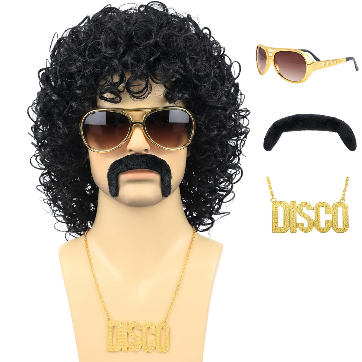 70s Disco Black Jerry Curl Wig with Glasses Mustache Necklace for Men