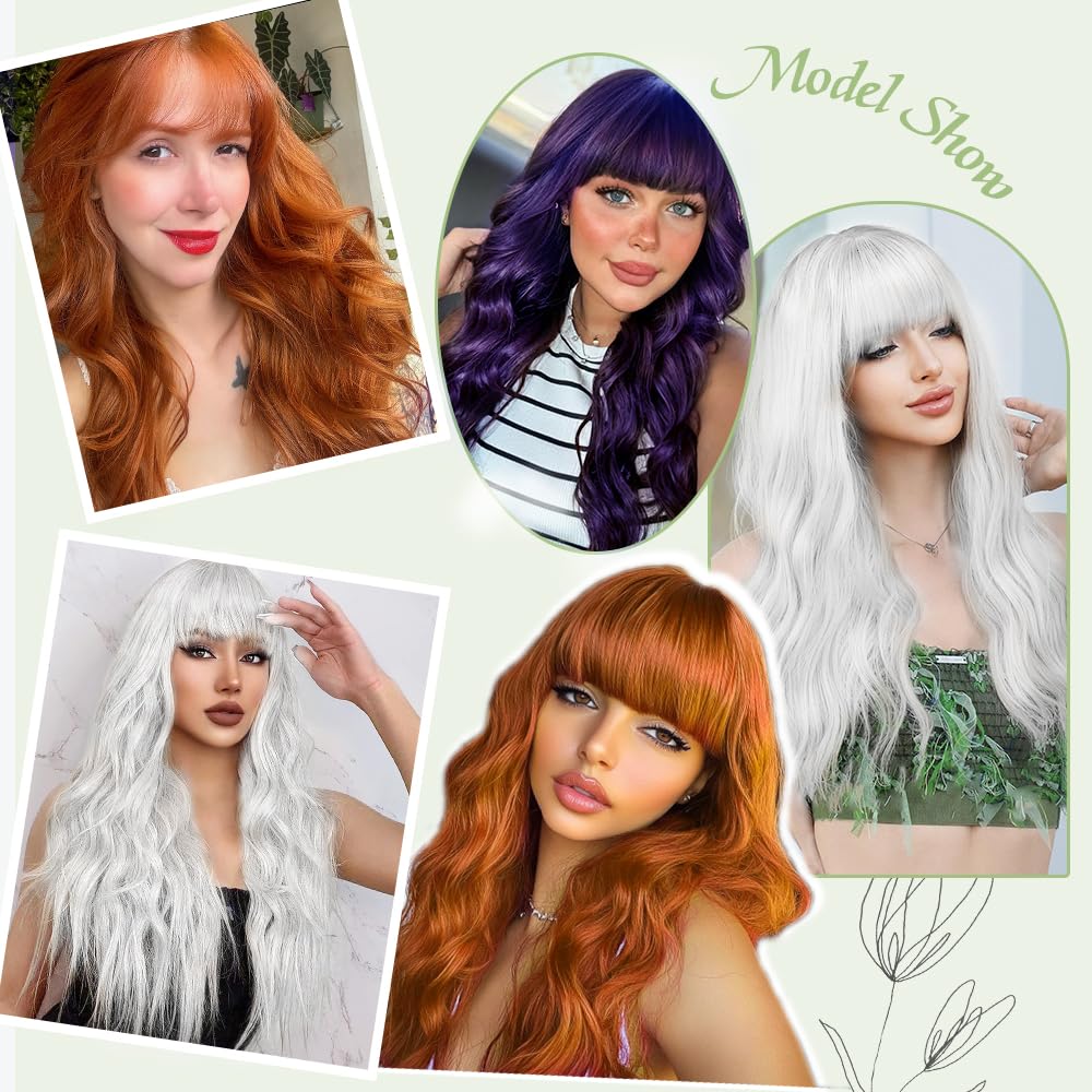 Black Wig with Bangs Long curly wavy Wigs for Women26In Synthetic Black Wig