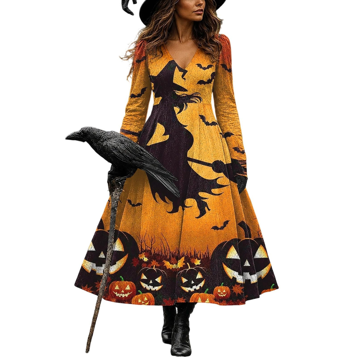 Halloween Dresses For Women V-Neck Skull Print Witch Costumes Gothic Dress