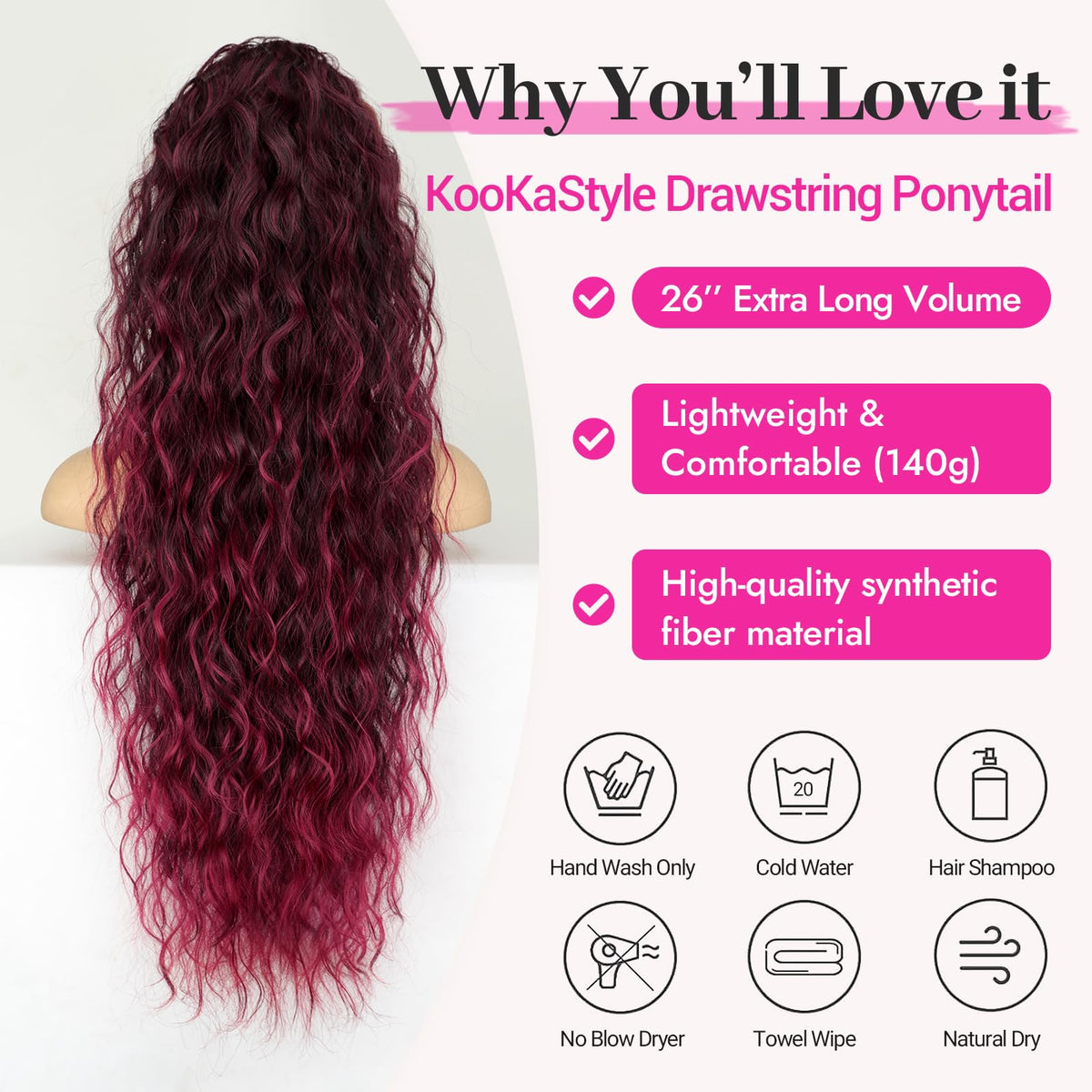 KooKaStyle Long Medium Brown Curly Synthetic Drawstring Ponytail Extension