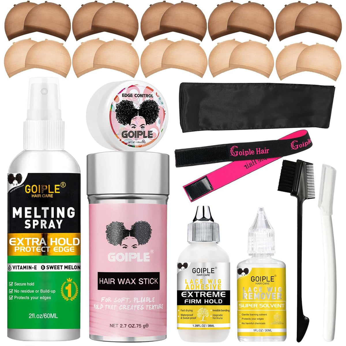 Wig Glue 1.28OZ, Waterproof Lace Front Adhsive for Wigs with Tools and Hair Wax Stick (Lace Adhesive/Wig Glue Remover/Wax Stick/Edge Control Wax/Elastic Band/Hair Dual Drush/Wigs Caps)
