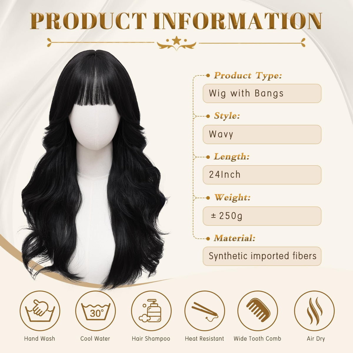 Rooted Honey Wig with Bangs for Women 24 Inch Long Wavy Synthetic Hair