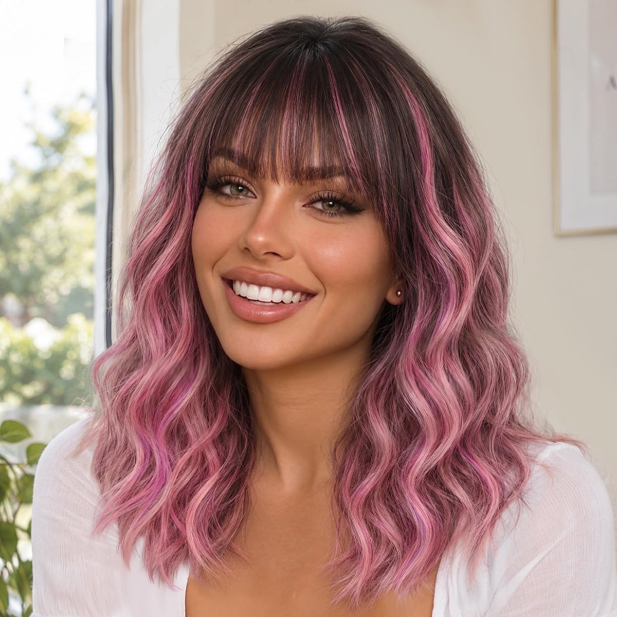 Nnzes Short Wavy Bob Wig with Bangs for Women Shoulder Length Curly Dark Brown with Purple Synthetic Heat-Resistant Fiber Hair for Daily & Party Use