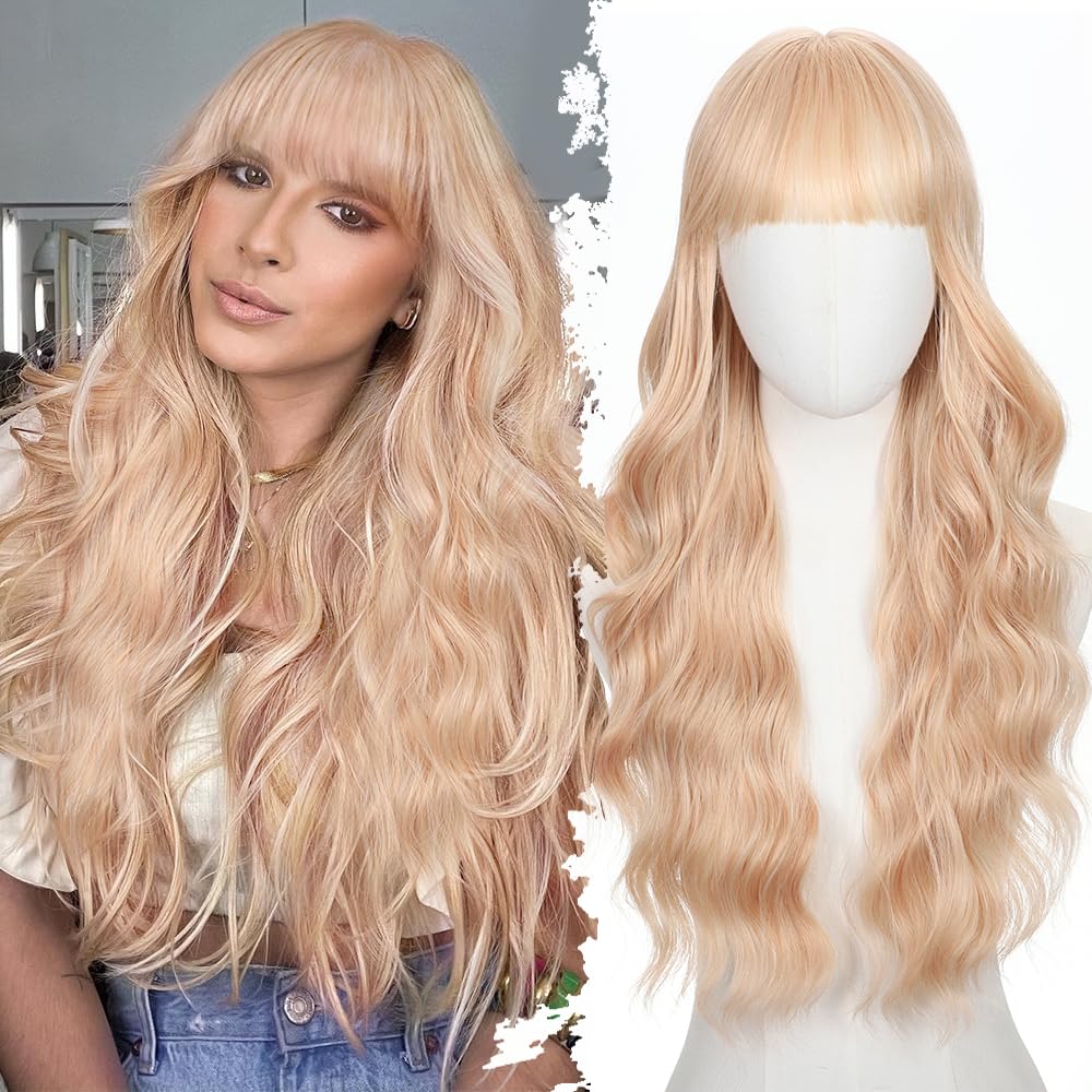 Black Wig with Bangs Long curly wavy Wigs for Women26In Synthetic Black Wig