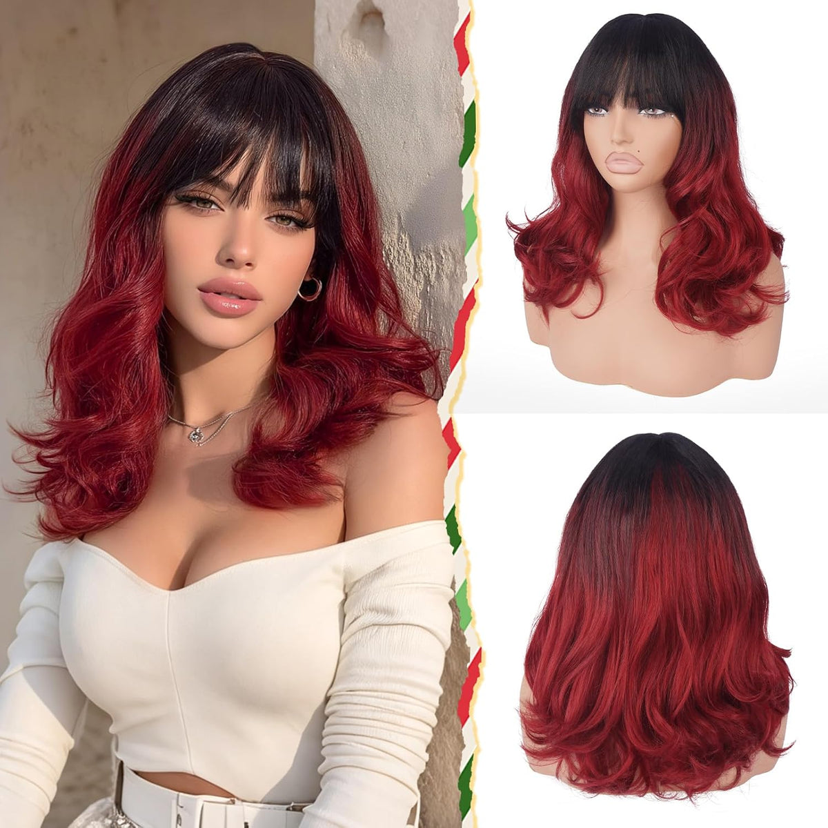Burgundy Wig with Bangs 16 Inch Ombre Wig for Women