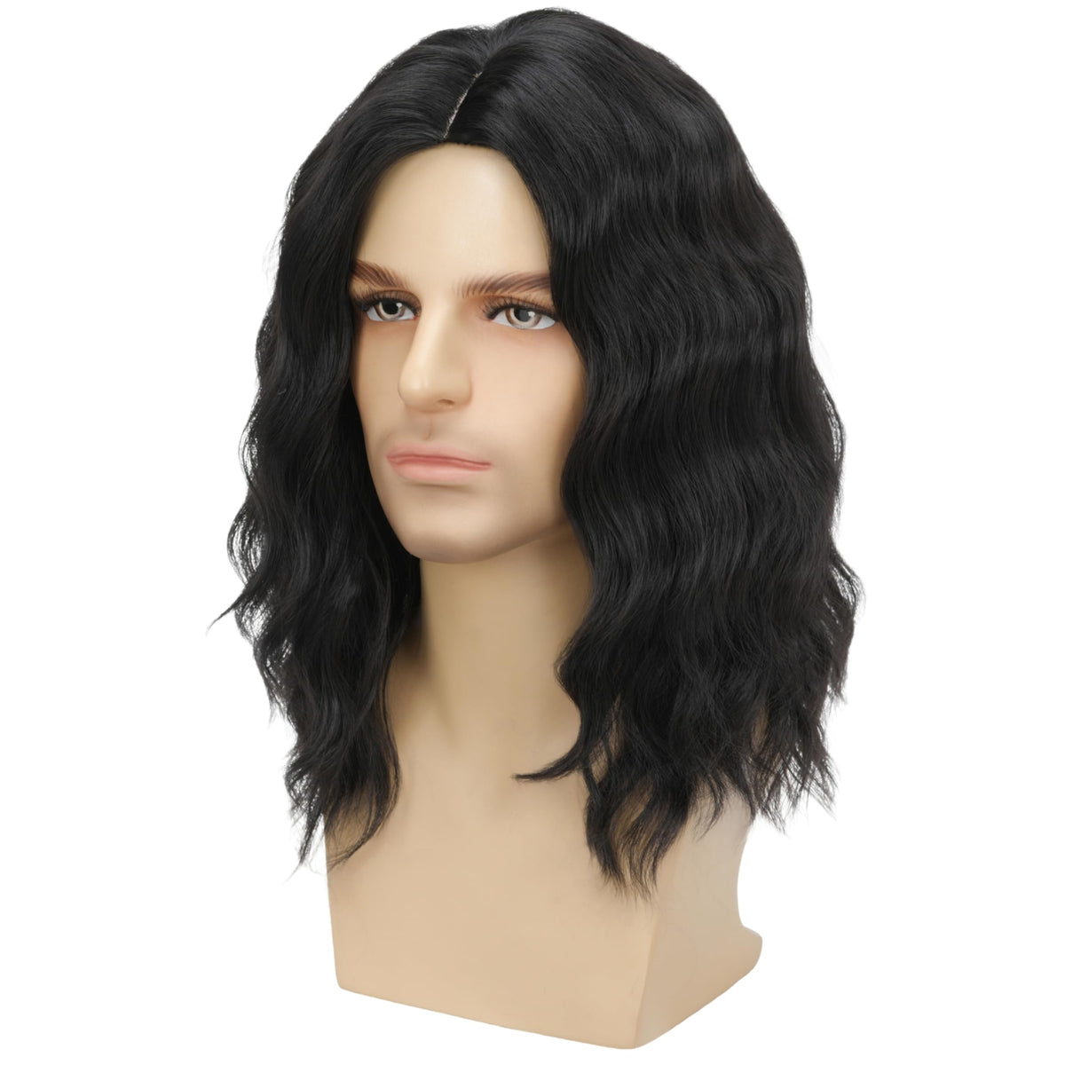 Mens Black Wig Long Curly Natural Hair Wig Layered Wavy for Daily Party Costume Cospaly Halloween